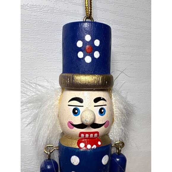 Vintage Wooden Nutcracker Soldier Ornament With White Hair & Blue Uniform 6" - Picture 4 of 6